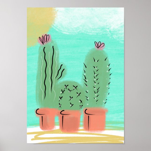 Kaktus i krukor solsken landskapsillustration poster (Framsidan)