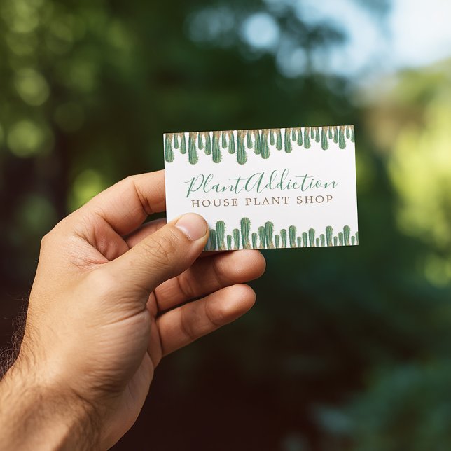 Kaktus krukväxt butik kort (Plant shop business card with cactus illustrations and elegant typography)