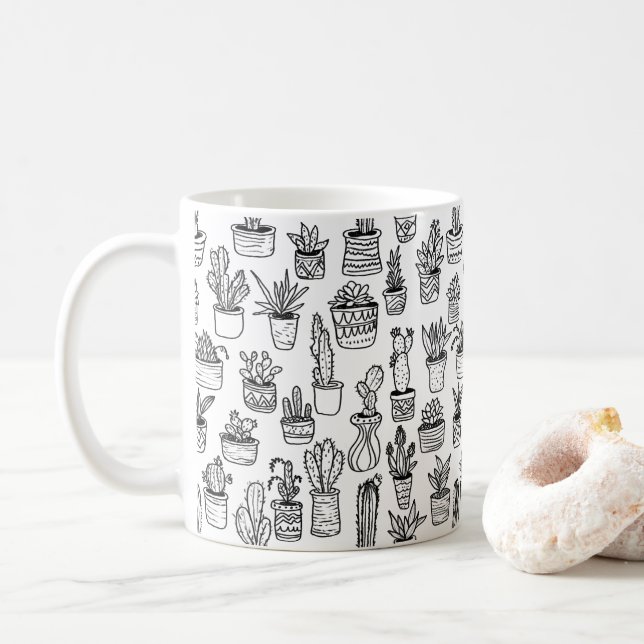Kaktus Krukväxter Söt Mönster Svart & Vitt Kaffemugg (Med munk)