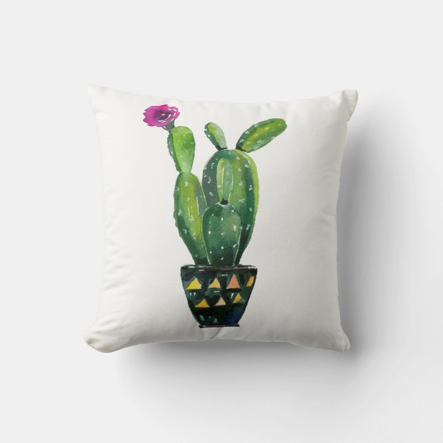 Kaktus Lila Blommig Akvarell Sydvästlig Boho Kudde (Framsida)