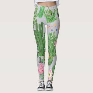 Kaktus och blommor, vattenfärgsfärgad, sömlös måln leggings