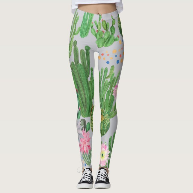 Kaktus och blommor, vattenfärgsfärgad, sömlös måln leggings (Framsida)