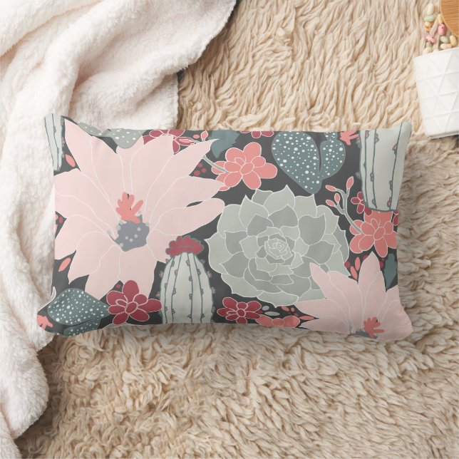 Kaktus- och suckplantor i Pinks Grönt Mönster Lumbarkudde (Filt)