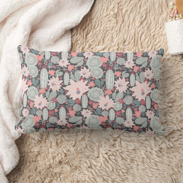 Kaktus- och suckplantor i Pinks Grönt Mönster Lumbarkudde (Filt)