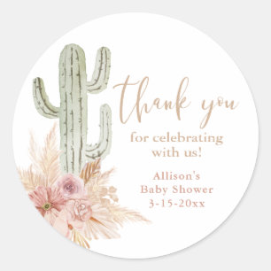 Kaktus rosa blommande boho flicka baby shower tack runt klistermärke