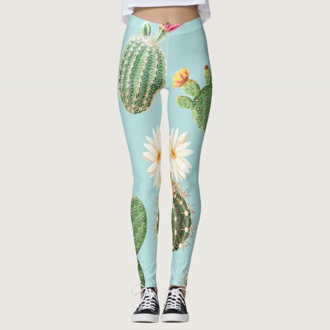 Kaktus, rosa blommor: ljusdekör leggings (Framsida)