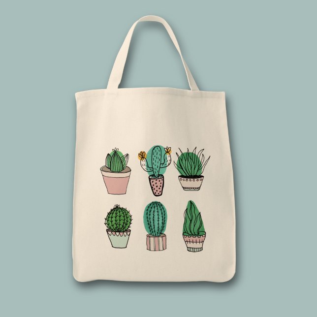 Kaktus suckulent krukväxt illustration tygkasse (Cactus cacti pot plant grocery tote bag)