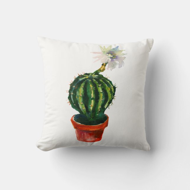 Kaktus Vit Blomma Akvarell Sydvästlig Boho Kudde (Framsida)