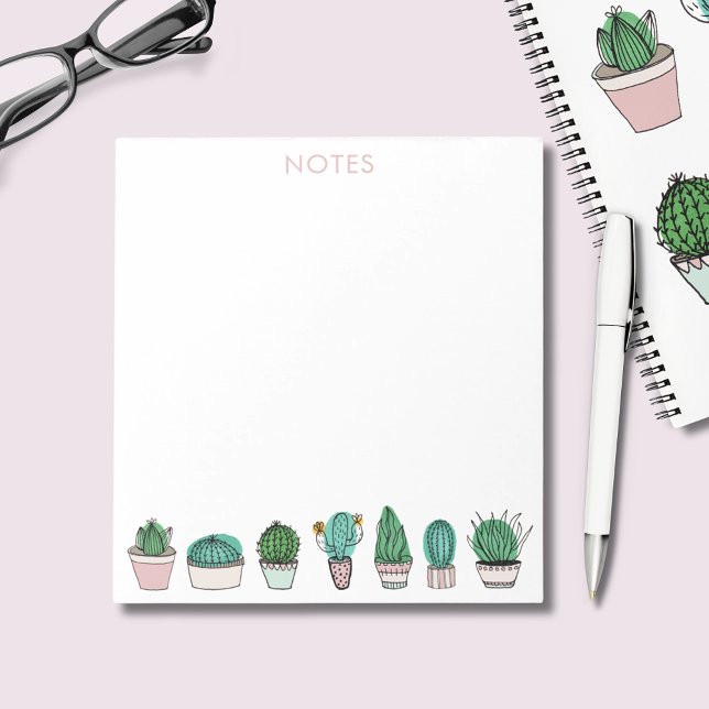 Kaktusar Kaktus Sukkulenter Krukväxter Anteckningsblock (Potted succulent cactus cacti notepad with customized text. )