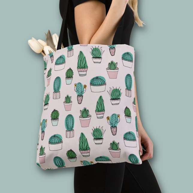Kaktusar suckulenter krukväxt mönster tygkasse (Cacti Cactus Potted Plants all over print tote bag)