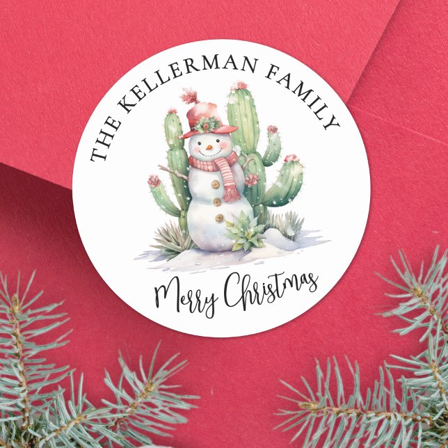Kaktusjul Runt Klistermärke (Cactus Santa Merry Christmas Classic Round Sticker)