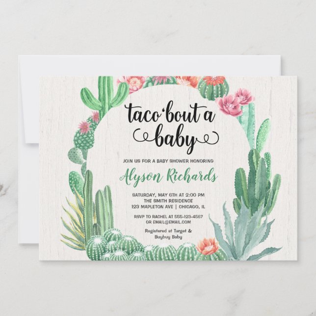 Kaktussuckulenter, Tacoanfall en baby showerflicka Inbjudningar (Framsida)