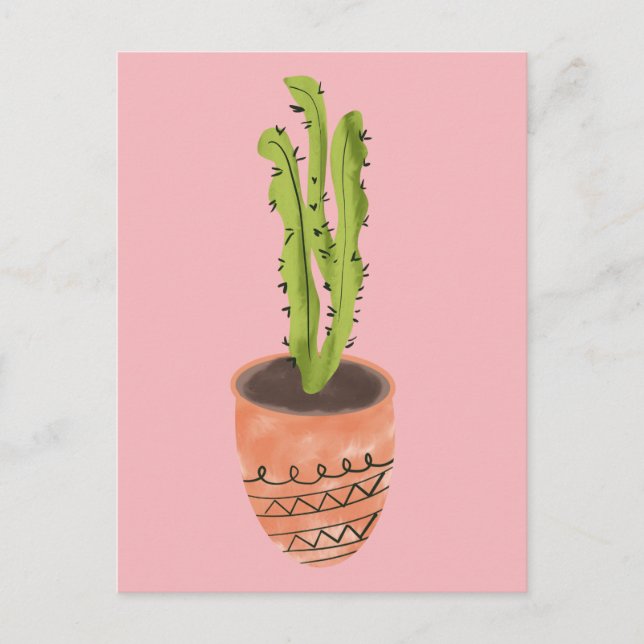 Kaktusväxt Terrakotta Handritad Rosa  Vykort (Framsida)
