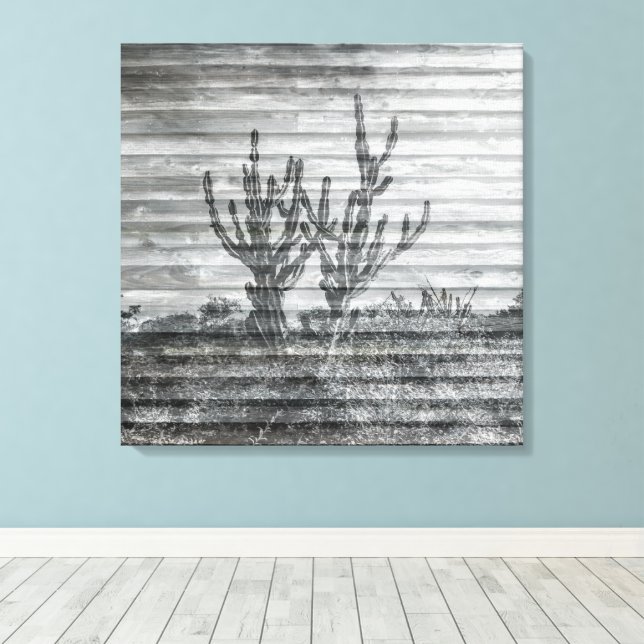 Kaktusväxter På Träplankor Svart Och Vitt Foto Canvastryck (Insitu (trägolv))