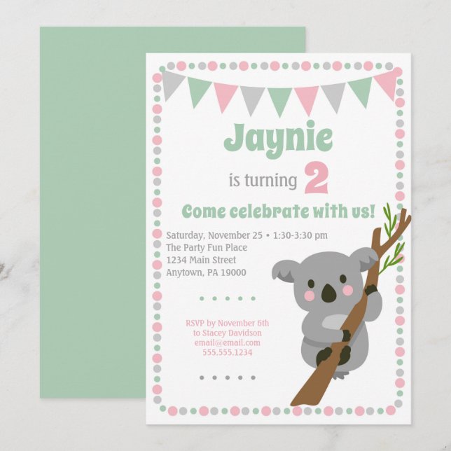 KALA Bear-inbjudan Cute Birthday Party Inbjudningar (Fram/baksida)