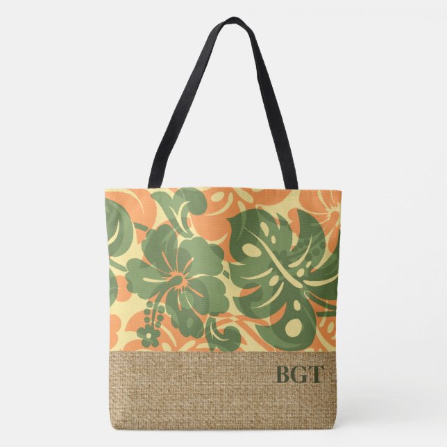 Kalakaua Hawaiian Hibiscus Monogram Beach Bag Tygkasse (Framsida)