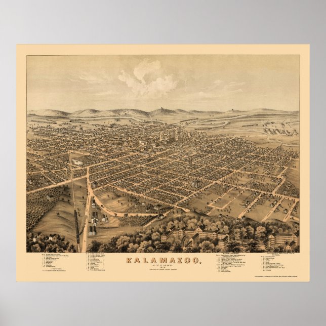 Kalamazo, MI Panoramic Karta - 1874 Poster (Framsidan)