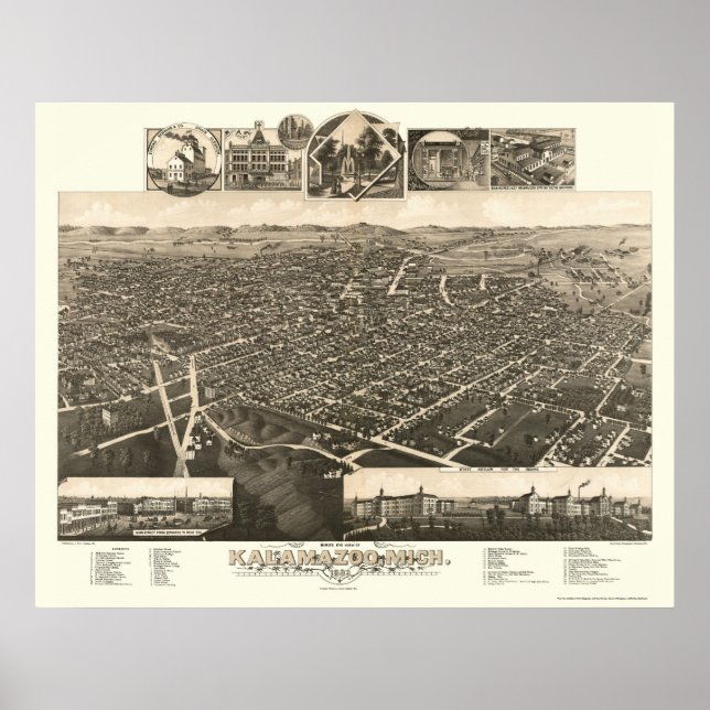 Kalamazo, MI Panoramic Karta - 1883 Poster (Framsidan)