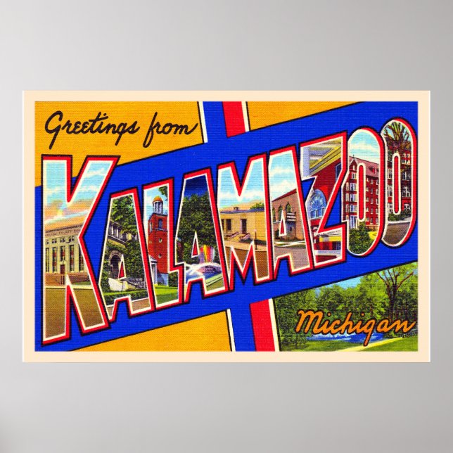 Kalamazoo Michigan Vintage Large Brev vykort Poster (Framsidan)