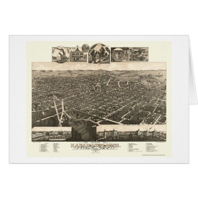 Kalamazoo panorama- karta för MI - 1883 Hälsningskort (Framsidan Horizontal)