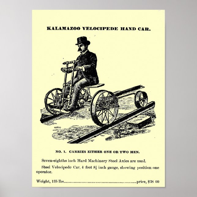 KALAMAZOO Velocipede Railroad Hand Car 1887 Poster (Framsidan)