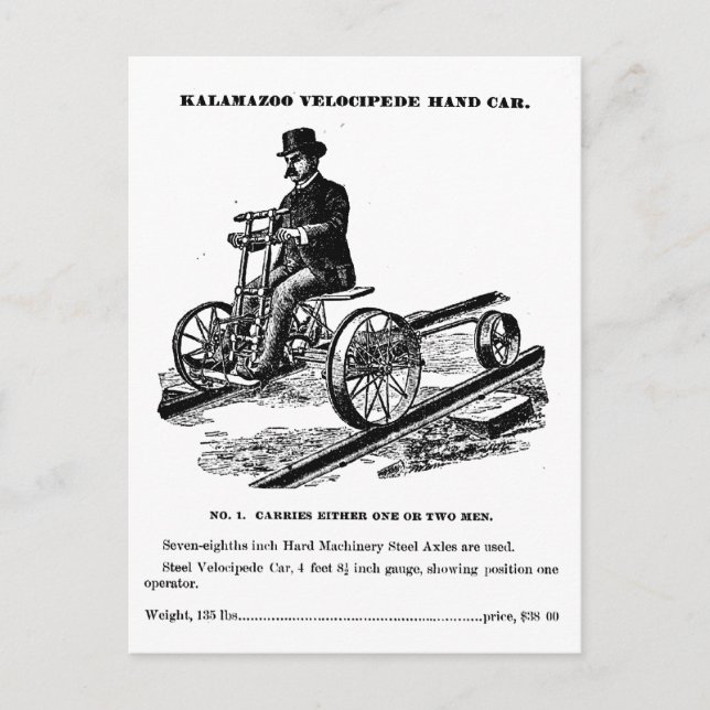 KALAMAZOO Velocipede Railroad Hand Car 1887 Vykort (Framsida)