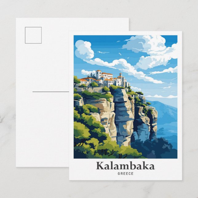 Kalambaka Greece Travel Potrait Illustration Vykort (Fram/baksida)