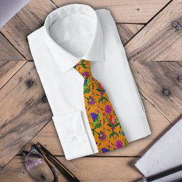 Kalamkari Färgglada Blommor Gul Bakgrund Grön Slips