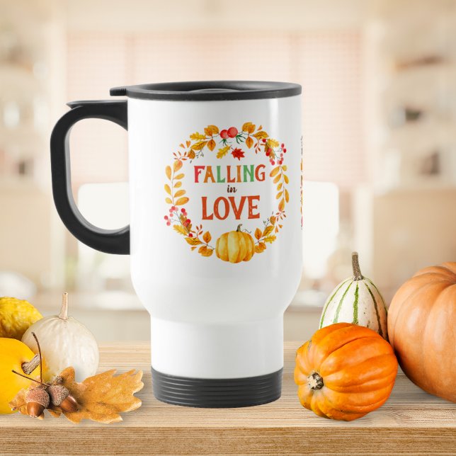 Kalaset om kärlek Höstblad Pumpa Resemugg (Falling in Love Wreath Autumn Leaves Pumpkin Travel Mug)