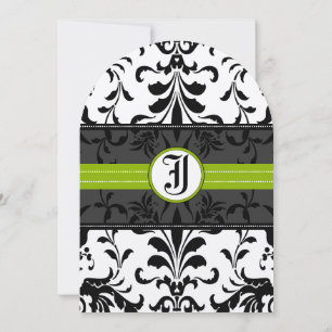 Kale Grön Monogram Damask Bröllopsinbjudan Inbjudningar
