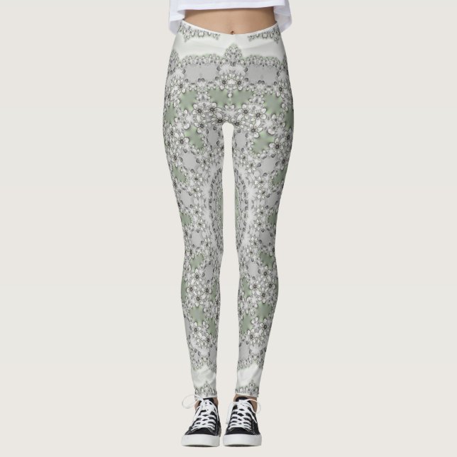 Kaleidoscope Fractal Mandala - grått grönt Leggings (Framsida)