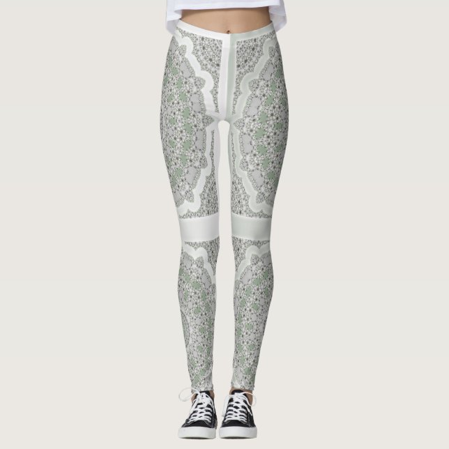 Kaleidoscope Fractal Mandala - grått grönt Leggings (Framsida)