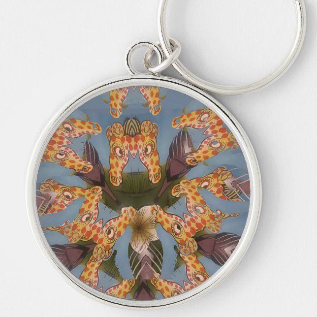 Kaleidoscope Giraffe Mandala: Abstrakt Safari Art Rund Silverfärgad Nyckelring (Framsidan)