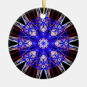 kaleidoscope mandala art svart rött vitt blått julgransprydnad keramik