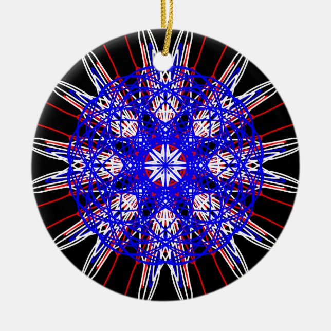 kaleidoscope mandala art svart rött vitt blått julgransprydnad keramik (Framsidan)