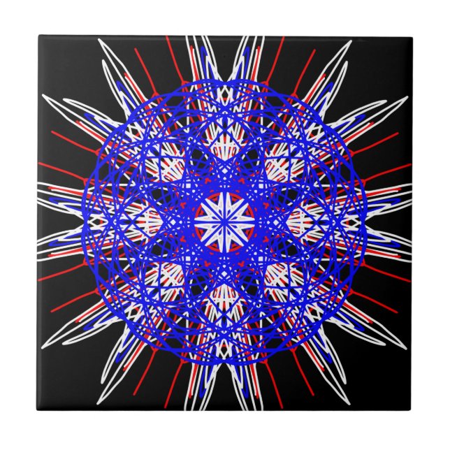 kaleidoscope mandala art svart rött vitt blått kakelplatta (Framsidan)