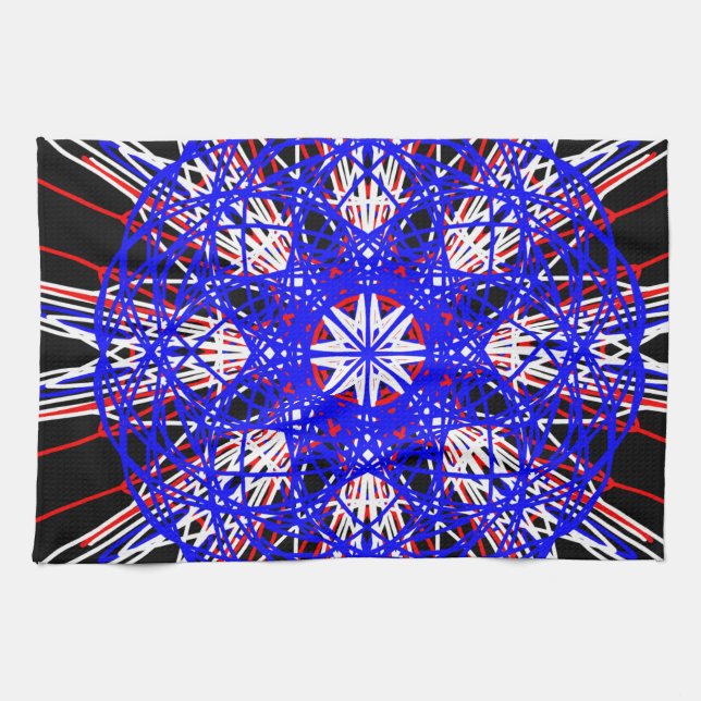 kaleidoscope mandala art svart rött vitt blått kökshandduk (Horisontell)