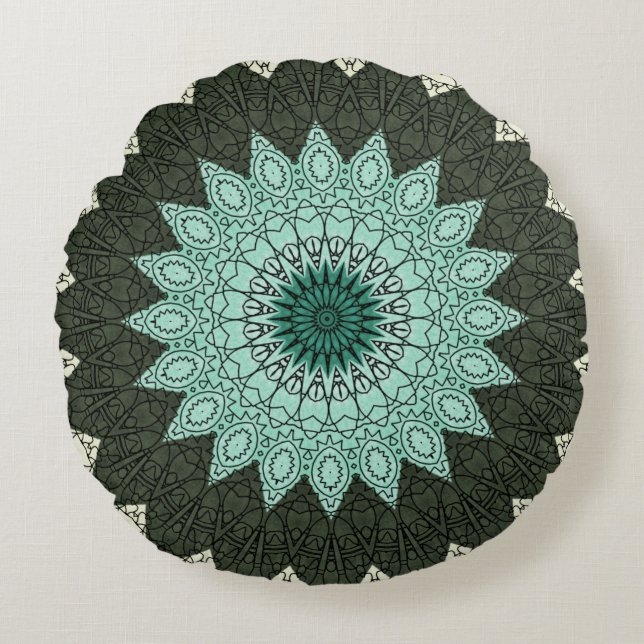 Kaleidoscope Mandala i Grönt och Blue Rund Kudde (Framsidan)