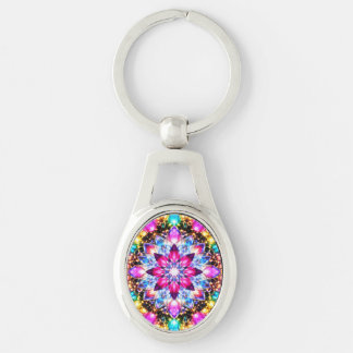 Kaleidoscope Mandala – Radiant Metal Keychain Ovalt Silverfärgad Nyckelring