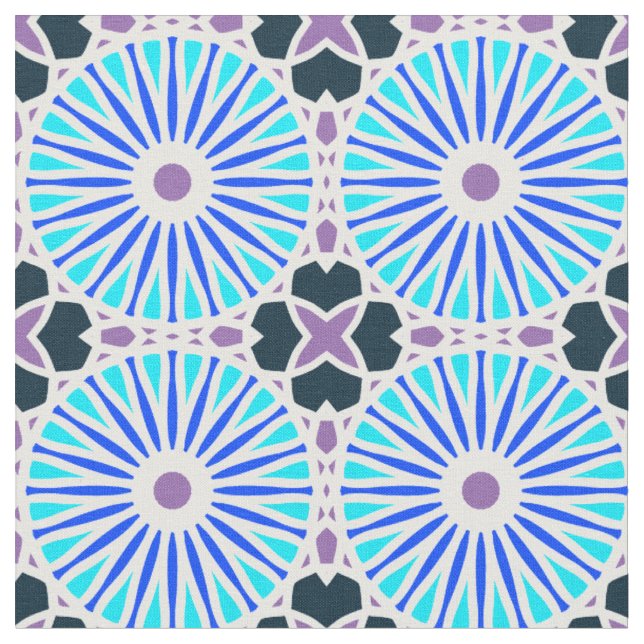 Kaleidoscope Wheel Mönster P White Blue Lila Tyg (Närbild)