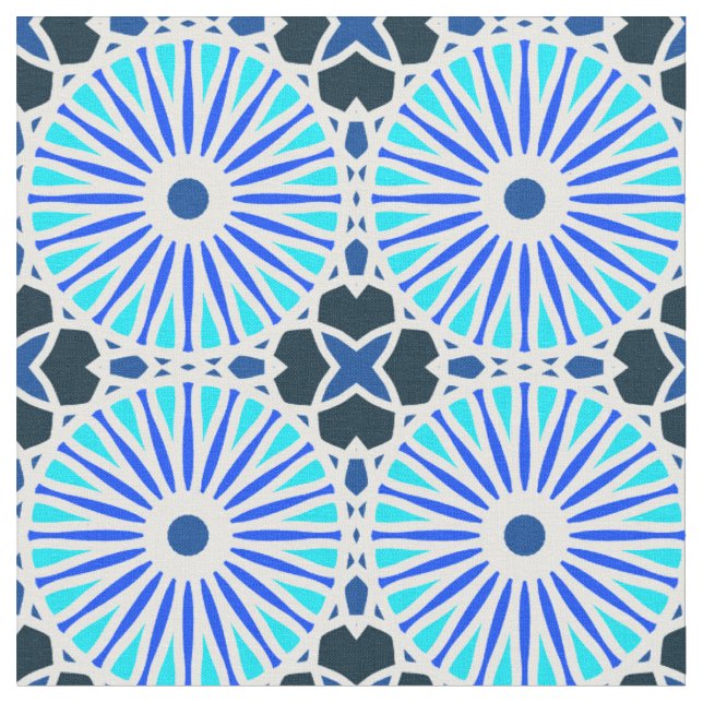 Kaleidoscope Wheel Mönster P White Blue Navy Tyg (Närbild)