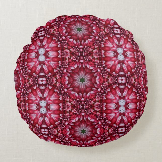 Kaleidoscopic Crimson Dahlia Rund Kudde (Framsidan)