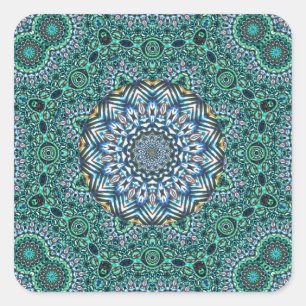 Kaleidoscopic mosaisk reflexionsdesign för turkos fyrkantigt klistermärke