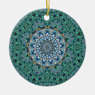 Kaleidoscopic mosaisk reflexionsdesign för turkos julgransprydnad keramik