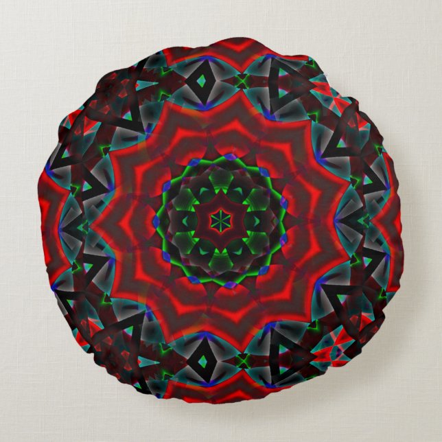 kaleidoskop med cirkulär, grönt och röd övertoning rund kudde (Baksidan)