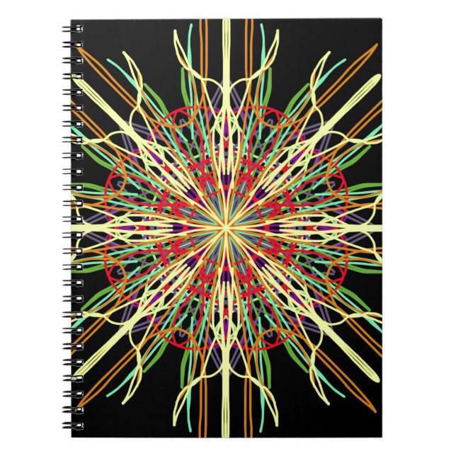 Kaleidoskop orange gult svart grönt blåblomma anteckningsbok med spiral (Framsidan)