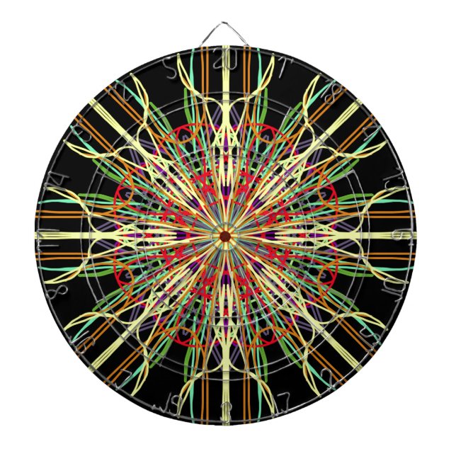 Kaleidoskop orange gult svart grönt blåblomma darttavla (Framsidan)