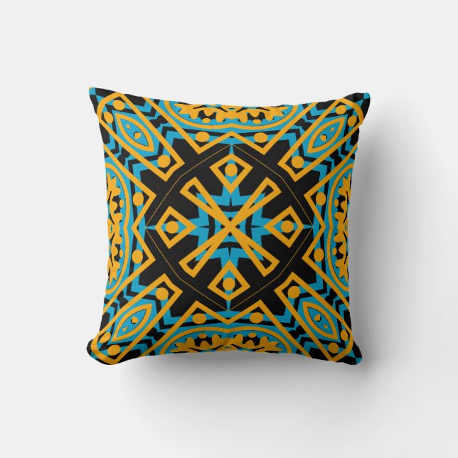 Kalejdoskopdesign, Ljusblå, Guld, Svart Kudde (Framsida)