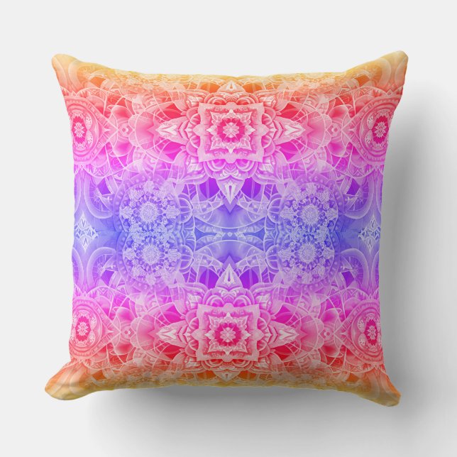 Kalejdoskopisk mandala i blått, gult och rosa kudde (Framsida)