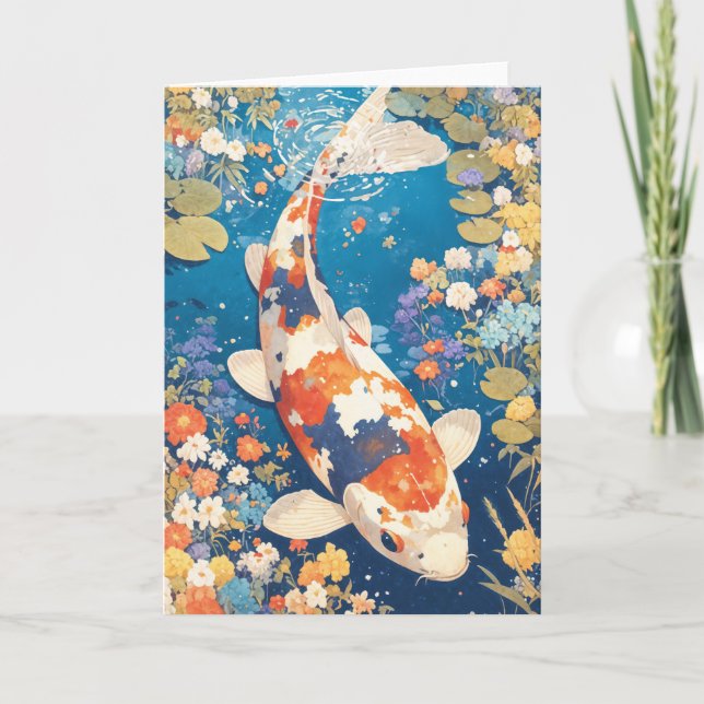 Kalejdoskopiska Koi simmar i blomsterrika vatten Kort (Framsida)
